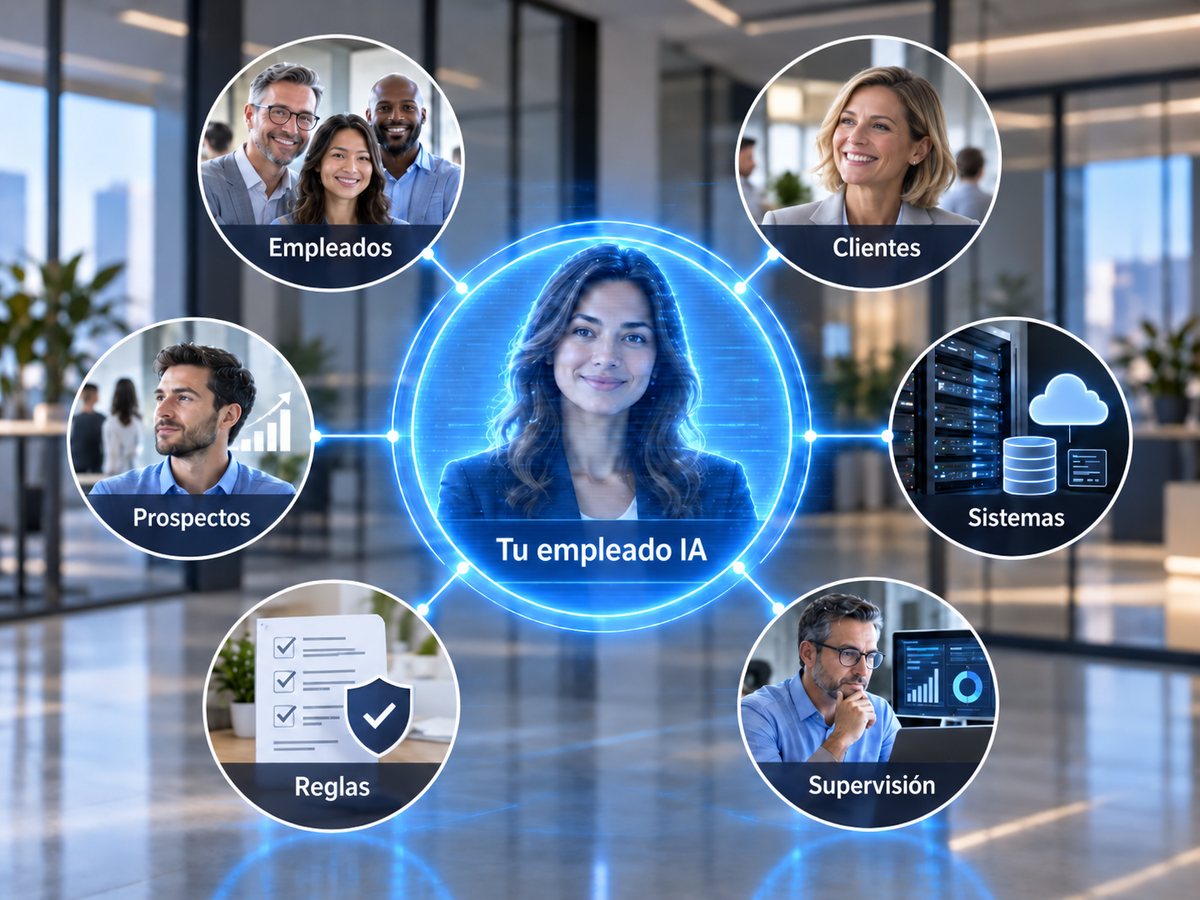 Tu empleado IA en el centro, conectado con tus empleados, clientes, prospectos, sistemas, reglas y supervisión